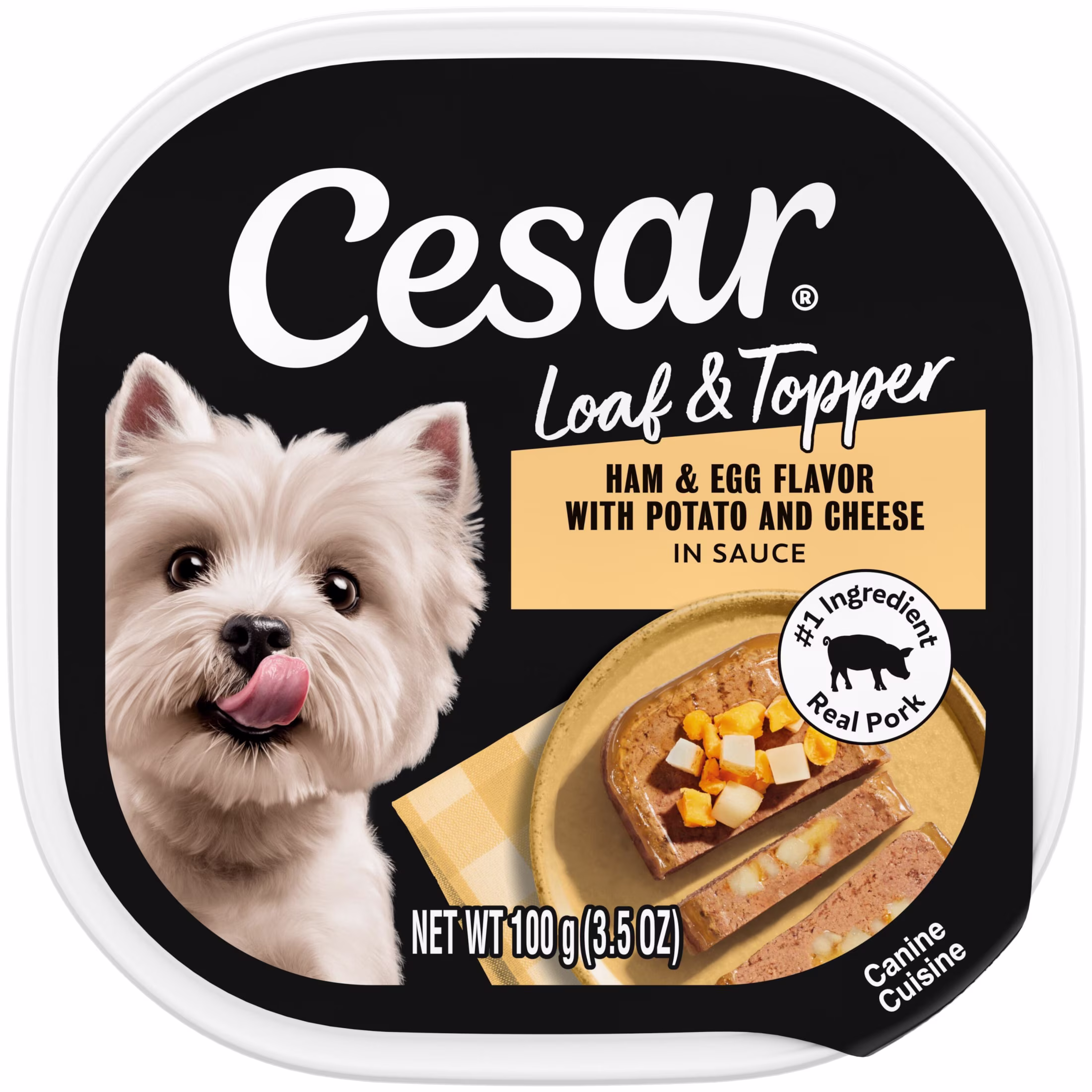 (6 pack) Cesar Loaf & Topper In Sauce Ham & Egg Flavor With Potato & Cheese Wet Dog Food, 3.5 Oz Tray