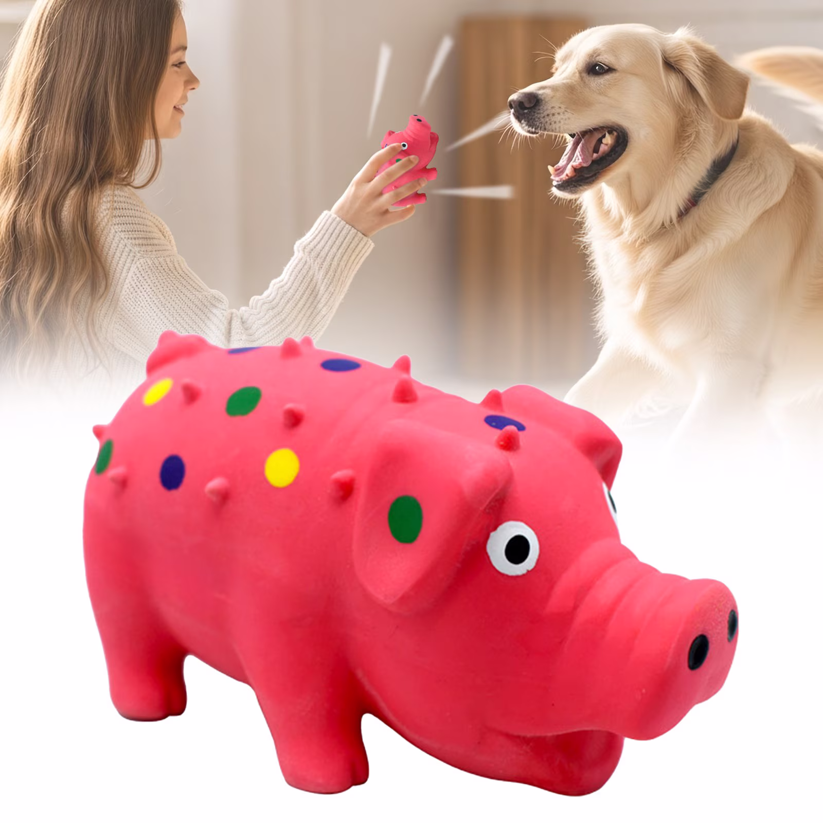 Pig Dog Toy, Squeaky Dog Toys, Dot Pig Dogs Chew Toys with a Sound Squeaker, Durable Self Play Dogs Squeeze Toy for Dental Biting Chasing to Kill Boring Time, Pink