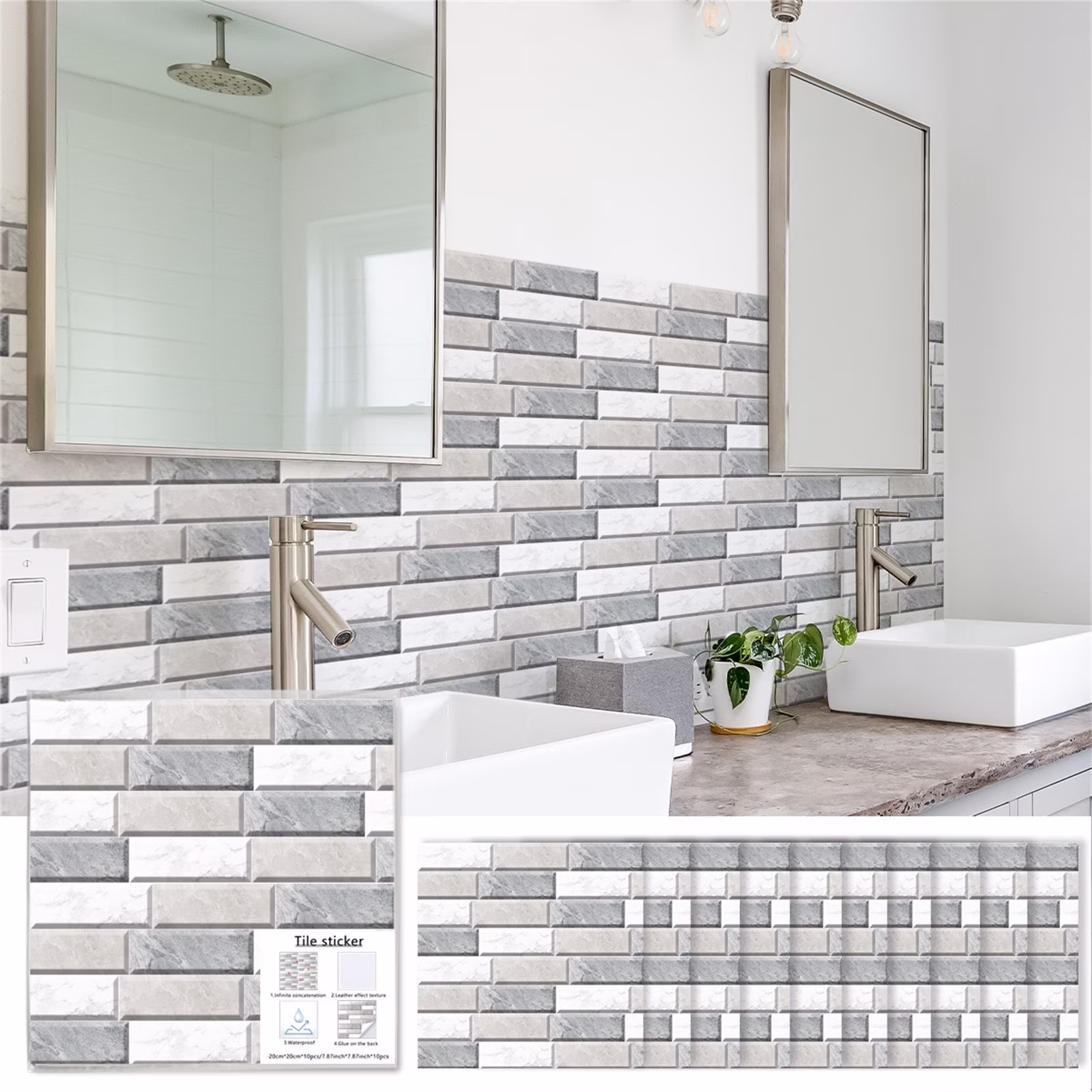 Japceit 10 Sheets Peel and Stick Backsplash Tile, Stick on Backsplash for Kitchen and Bathroom, White Sandstone Look PVC Mixed Metal Gold Self Adhesive Wall Tiles, Peel and Stick Floor Tile
