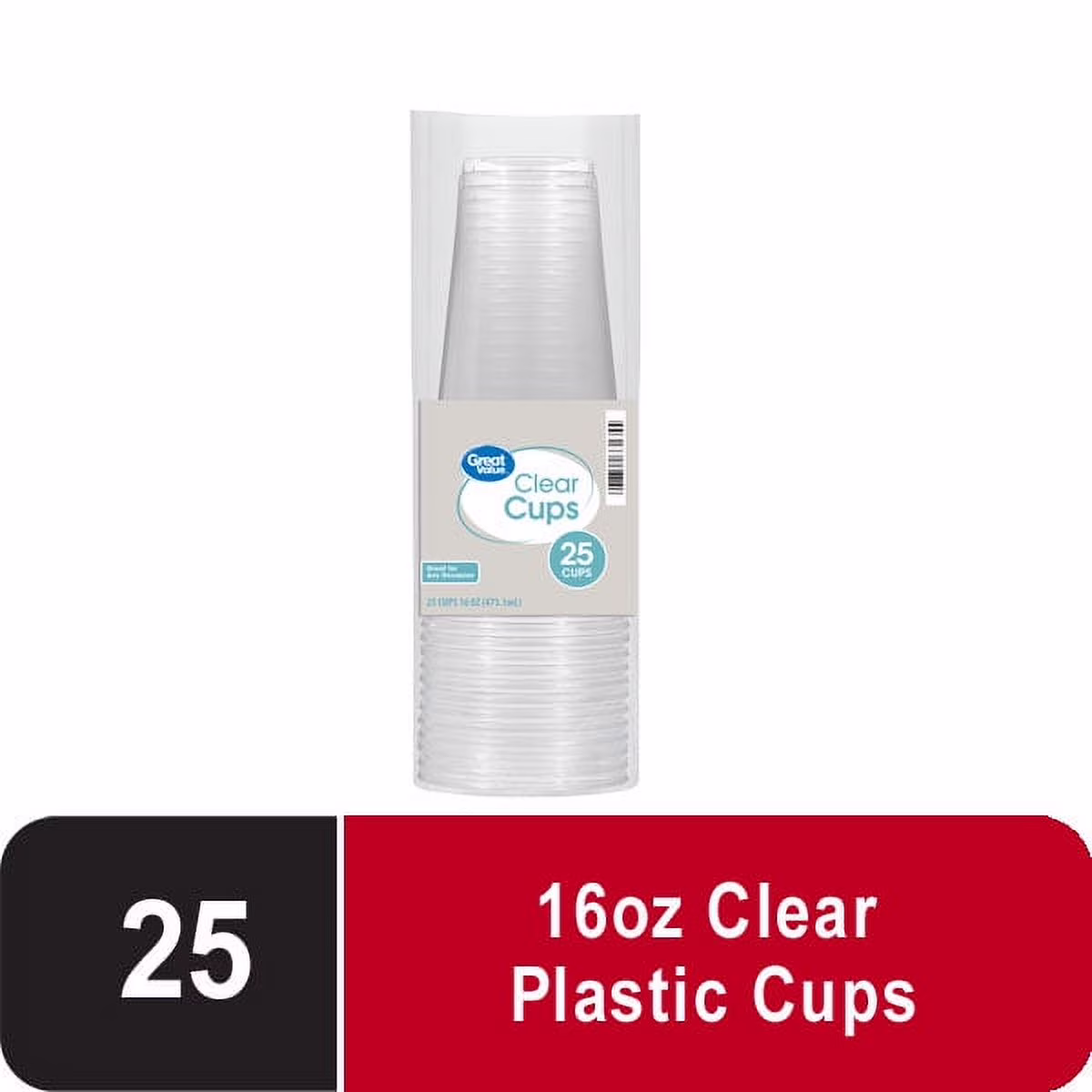 Great Value Disposable Plastic Cups, Clear, 16 oz, 25 Count