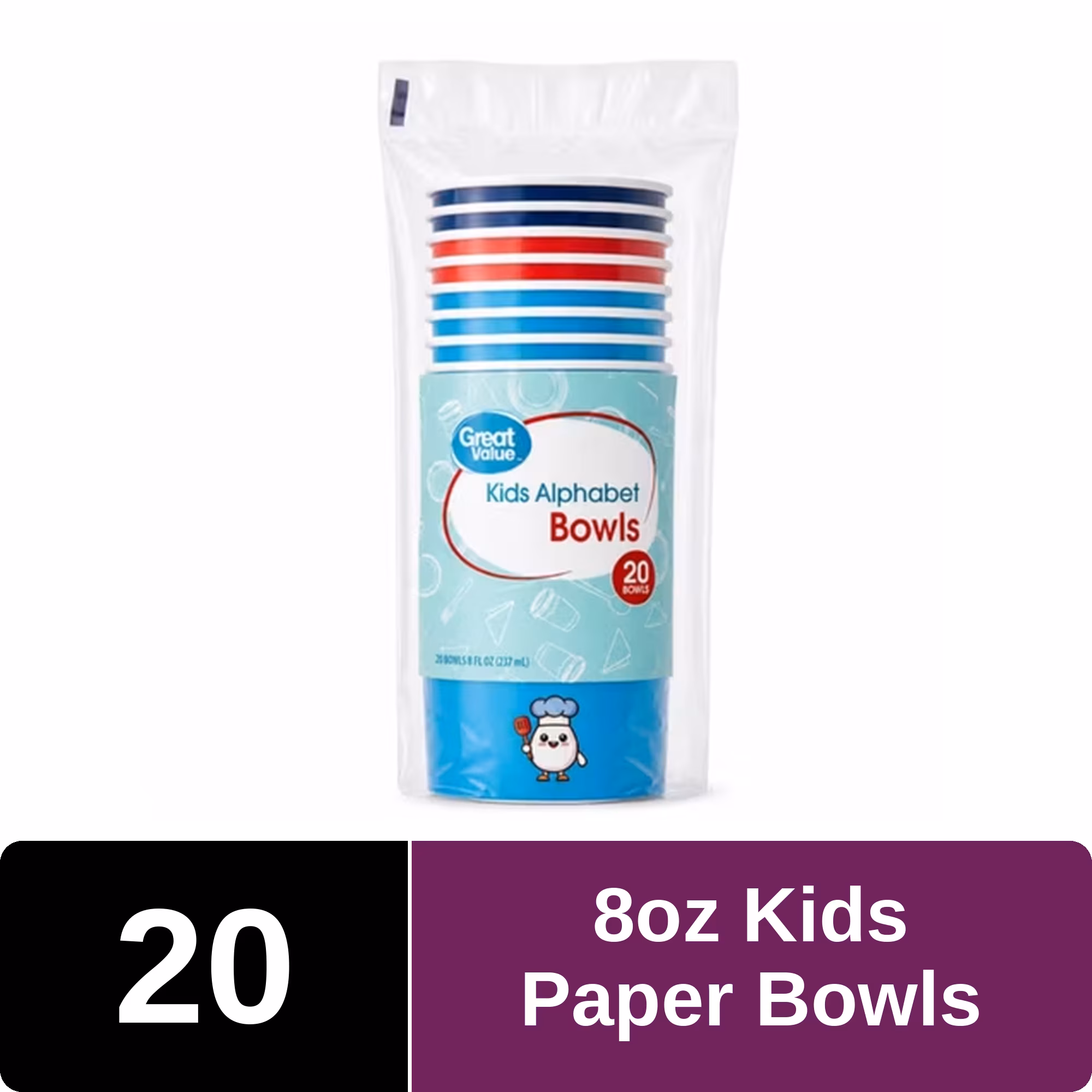 Great Value Kids Disposable Paper Bowls, 8 oz, Multicolor, 20 Count