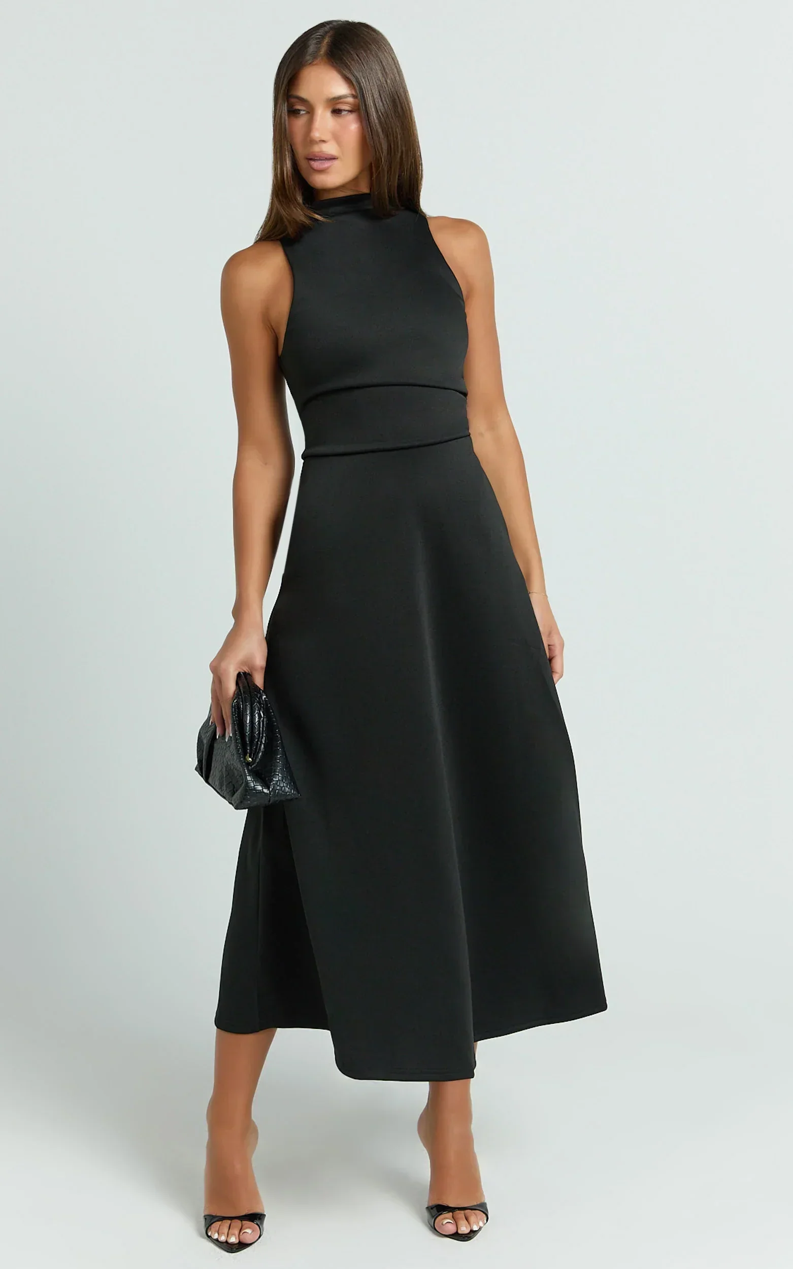 Macy Midi Dress - High Neck A Line Dress in Black