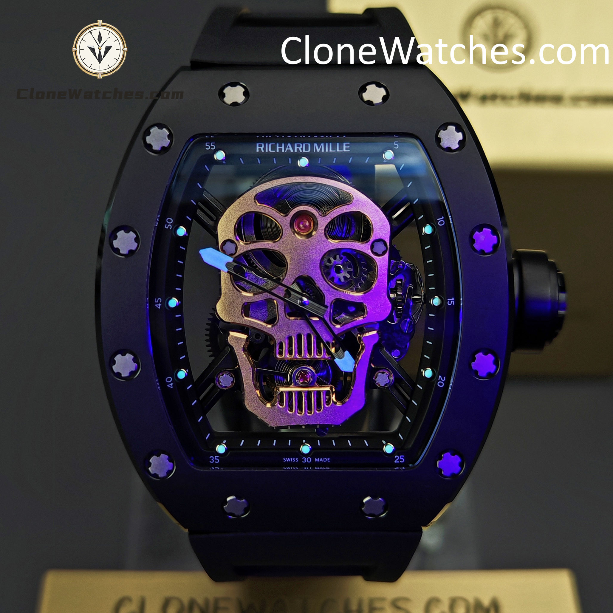 Richard Mille Super Clone Watches 1:1 RM 052 Tourbillon Skull Rose Gold Black Strap