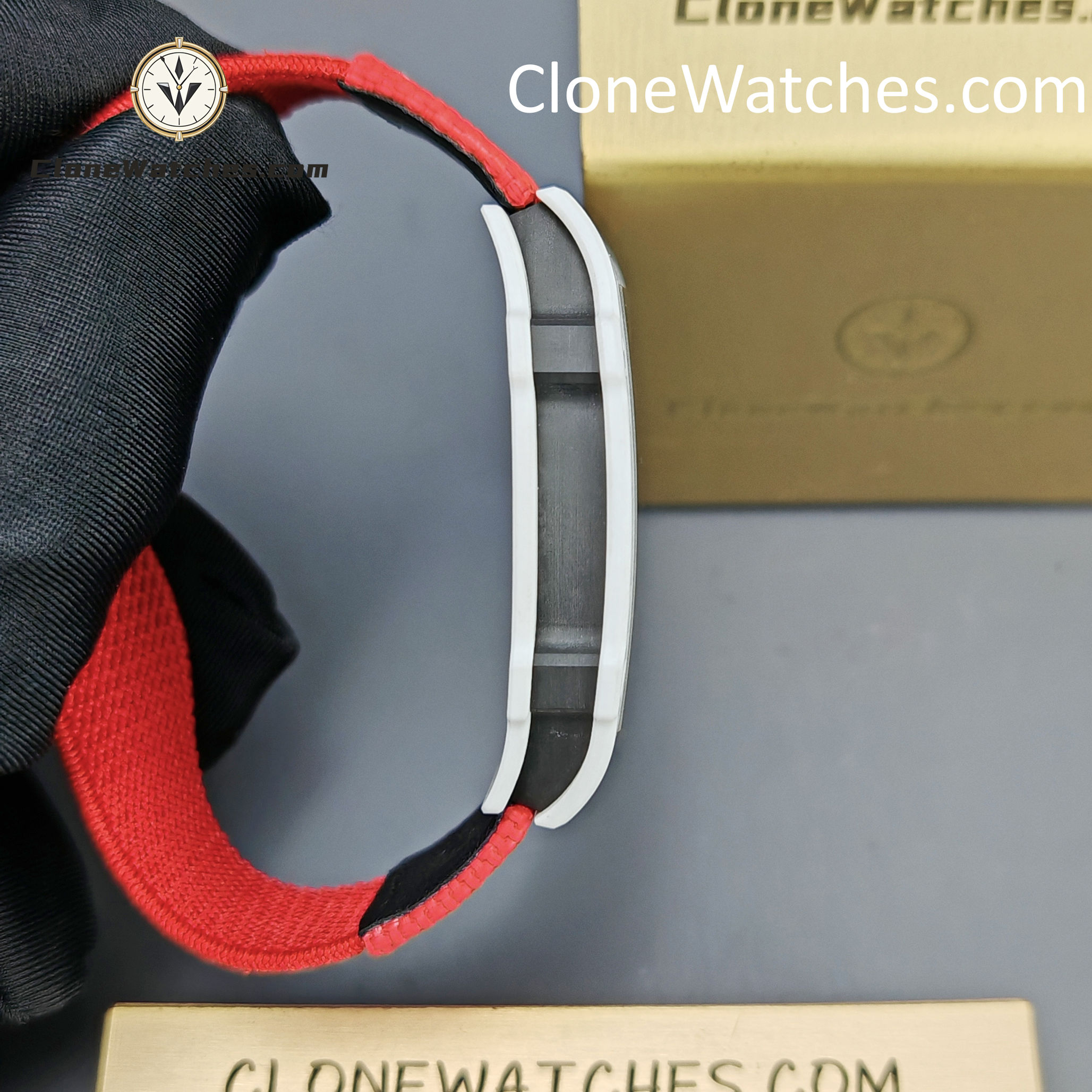Richard Mille Super Clone Watches 1:1 RM 67 – 02 White Carbon Tourbillon Red Strap