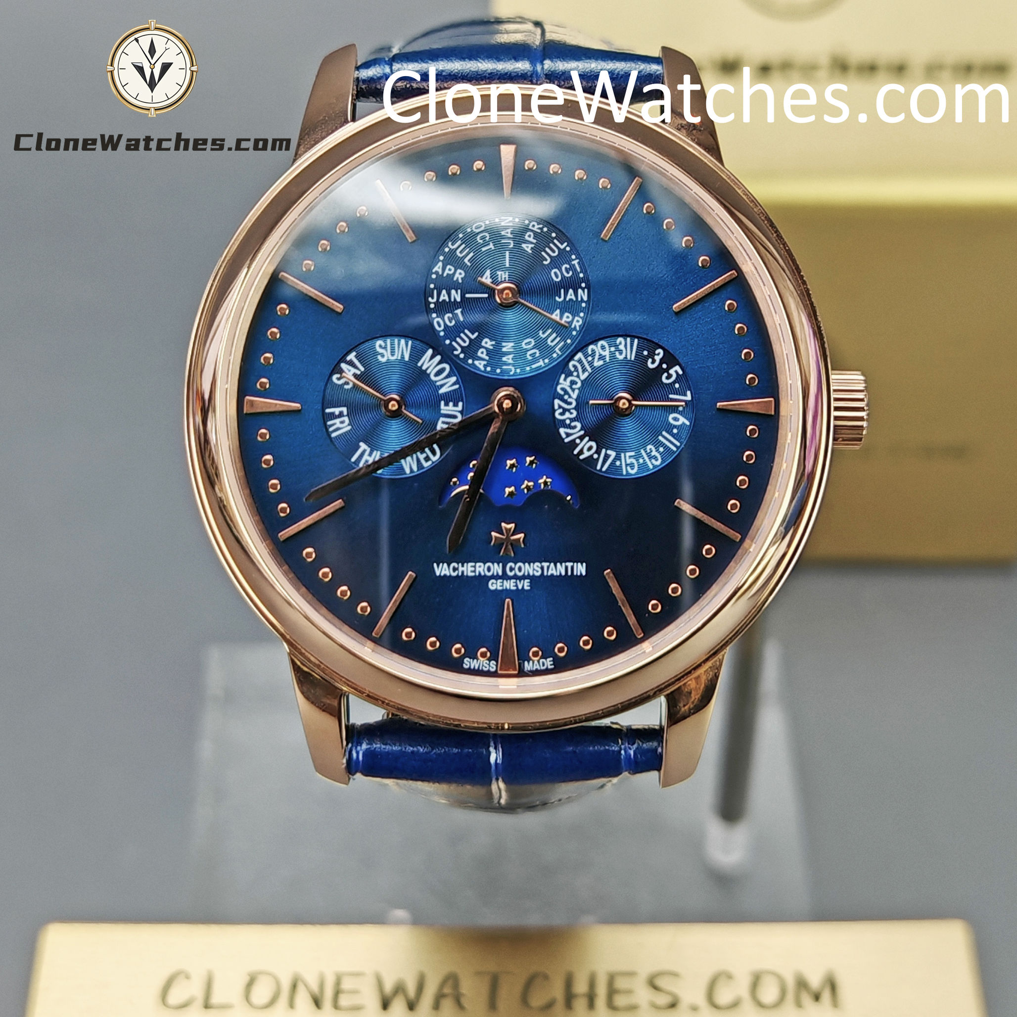 Vacheron Constantin Super Clone Watches 1:1 Patrimony Perpetual Calendar Rose Gold 43175/000R-B519 Blue Dial