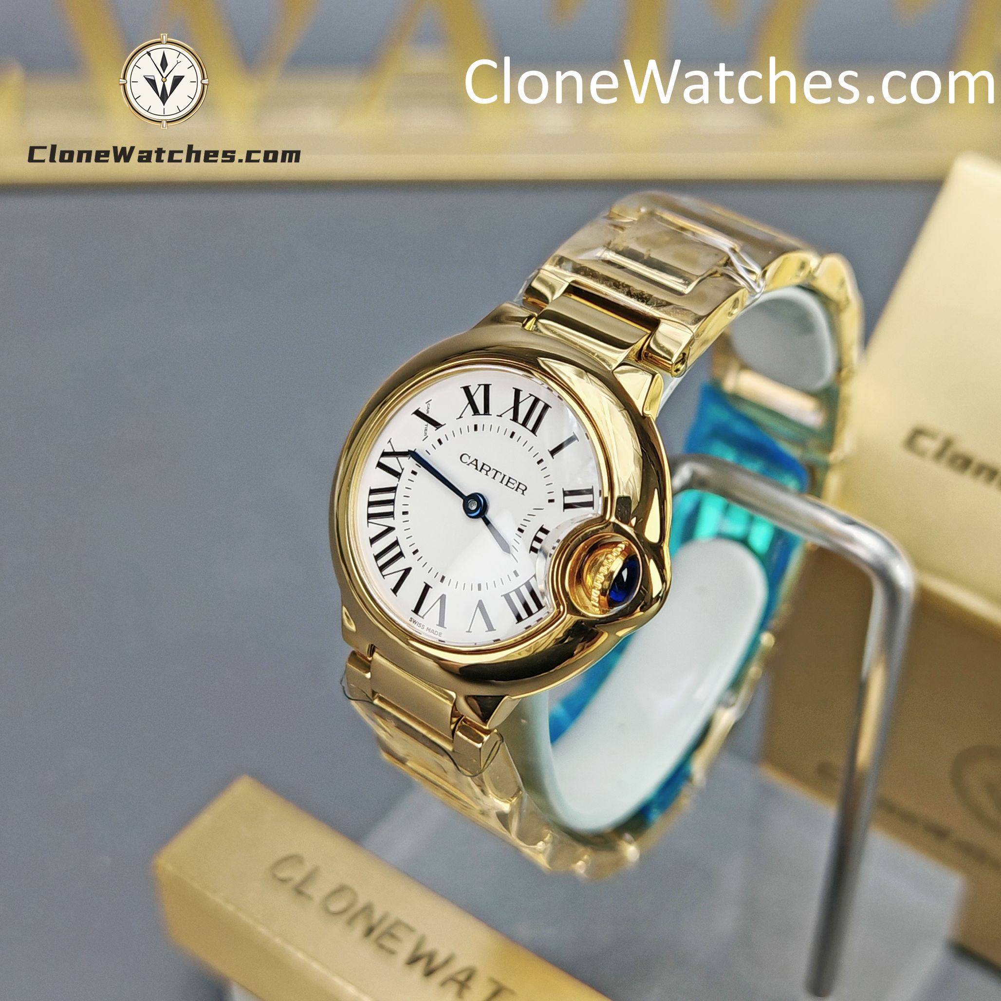 Cartier Super Clone Watches 1:1 Ballon Bleu de 18K Gold W69001Z2 Silver Dial 28mm
