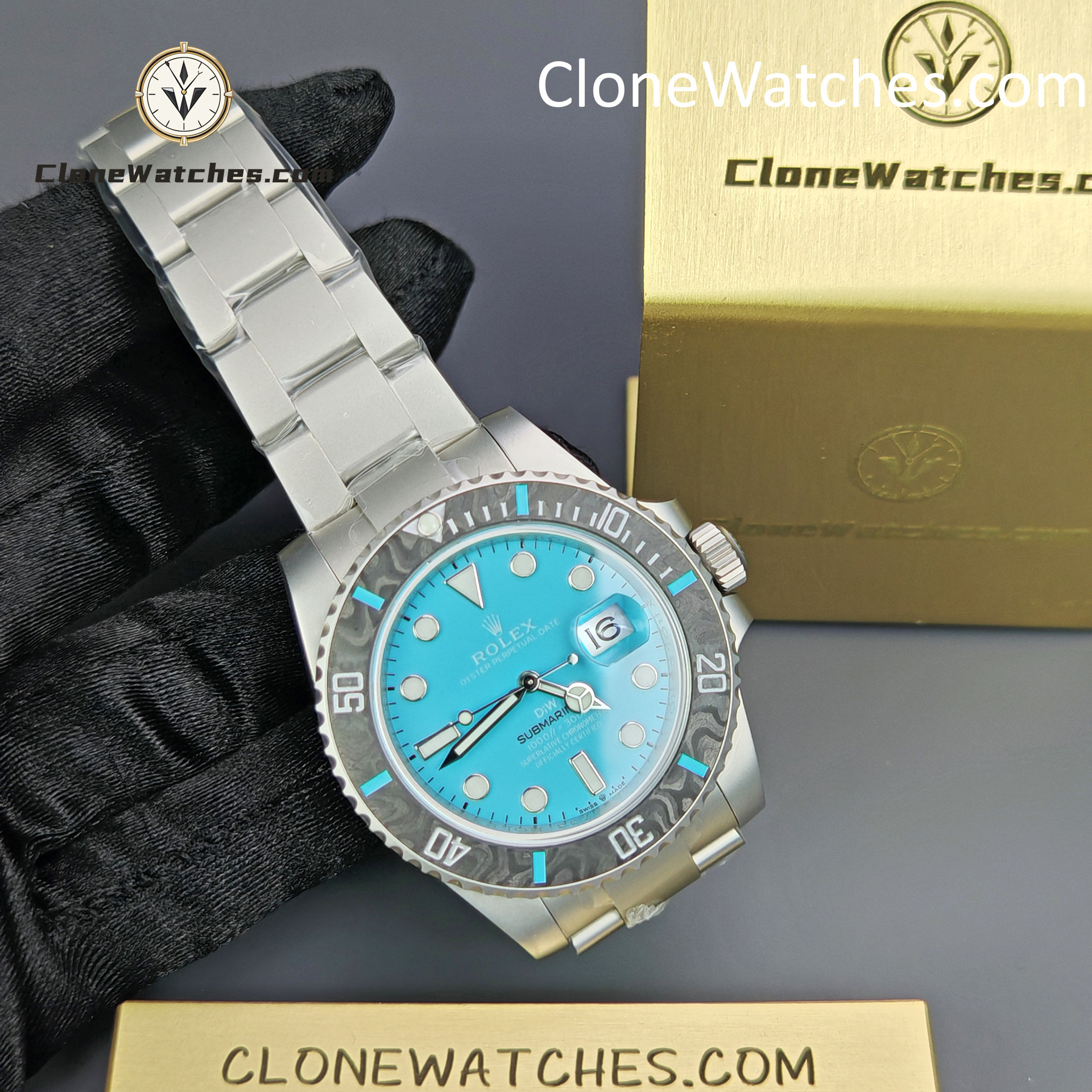 Rolex Super Clone Watches 1:1 DIW Aquamarine Tiffany Blue Dial Submariner Carbon Bezel 3135 Movement
