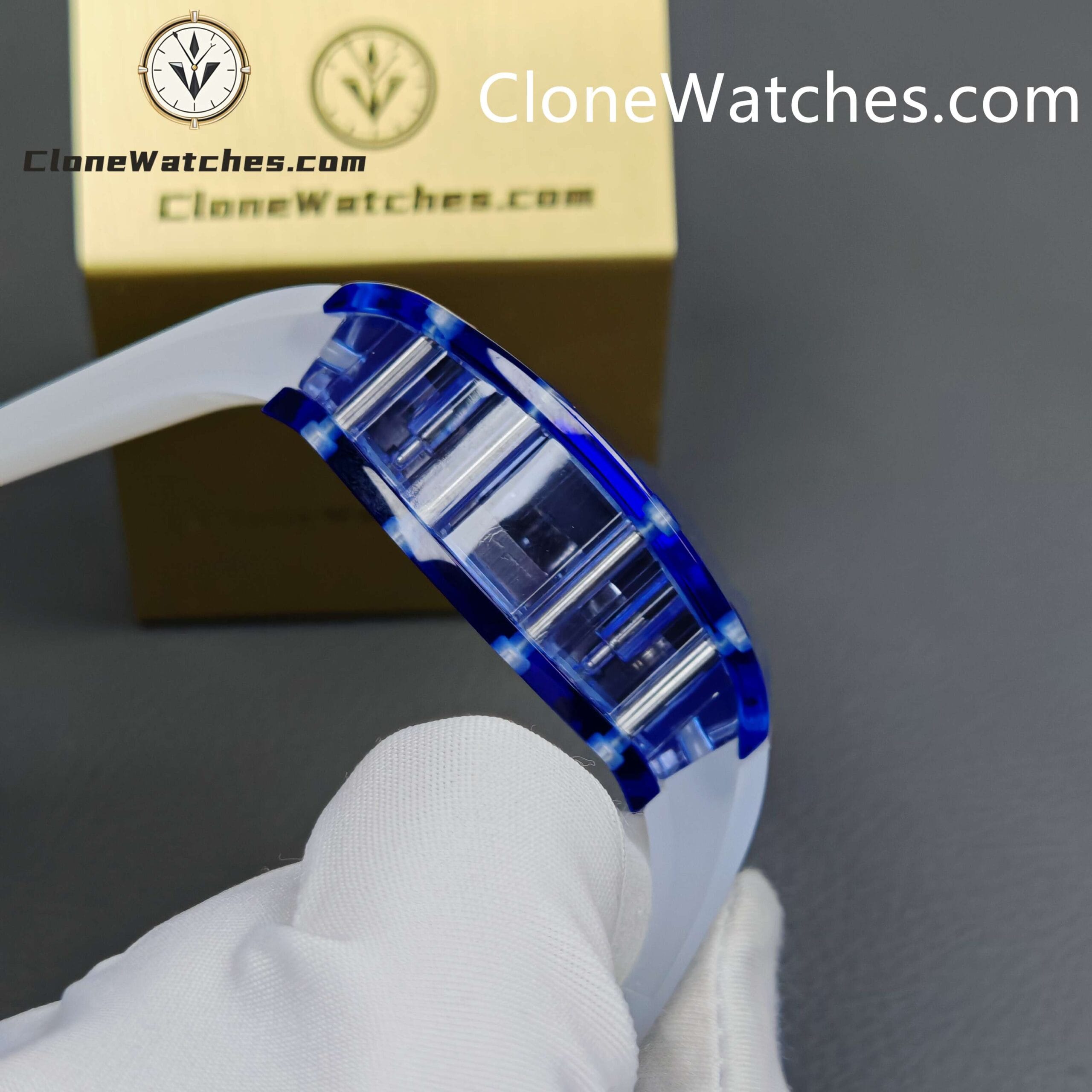 Richard Mille Super Clone Watches 1:1 RM 027 – 03 Blue Crystal Full Transparent Tourbillon White Strap