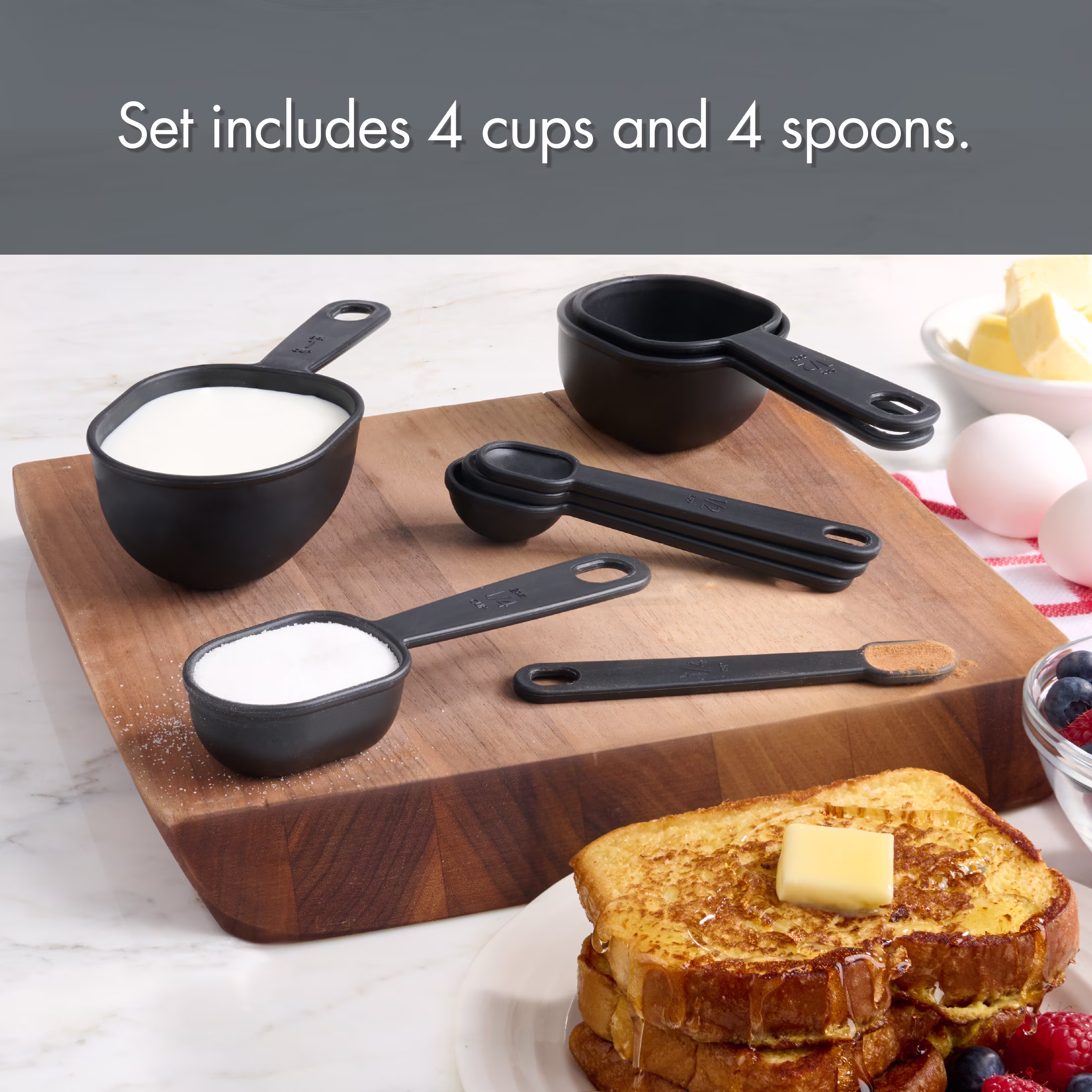 Mainstays 8-Piece Measuring Cup and Spoon Set - Durable, Space Saving Kitchen Essential, Black