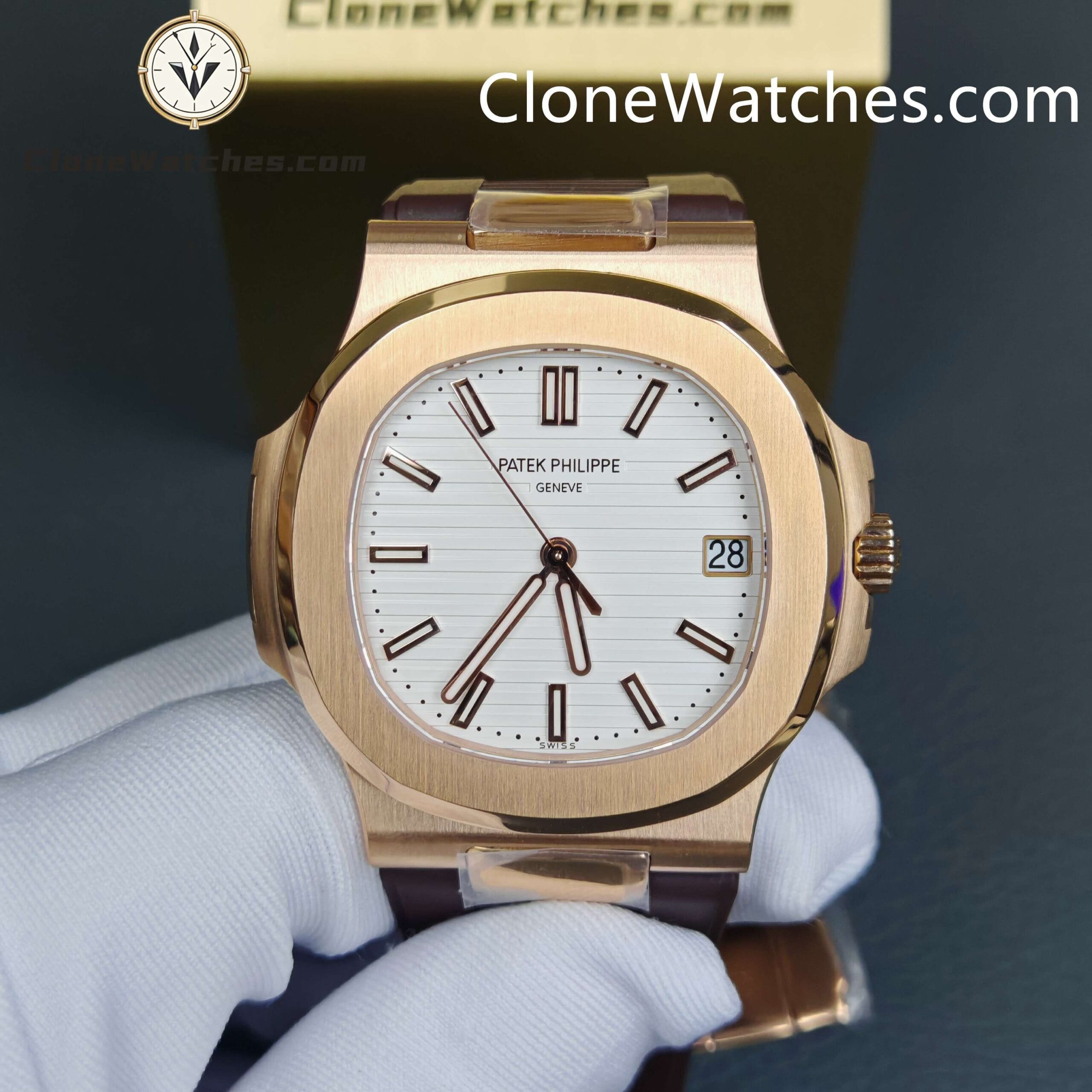 Patek Philippe Super Clone Watches 1:1 Nautilus 5711/1R White Dial Brown Rubber Strap