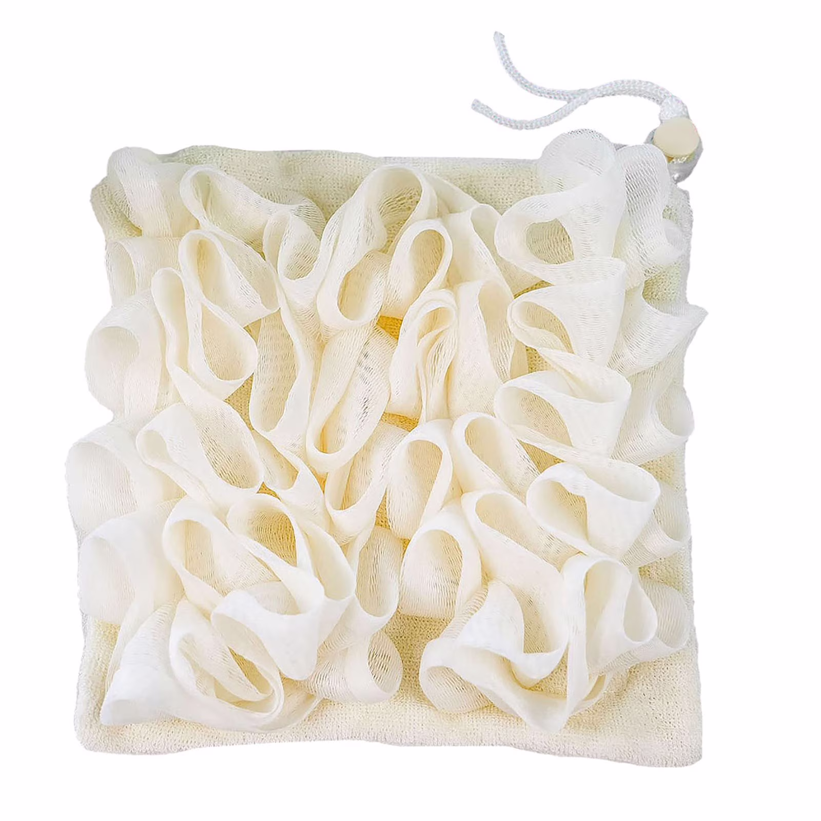 Shower Loofah With Drawstring Soap Holder & Bubble Maker Soft Scrubbing Sponge For Rich Back Mesh Bath Sponges Pouf Ball Exfoliating Accessory Beige