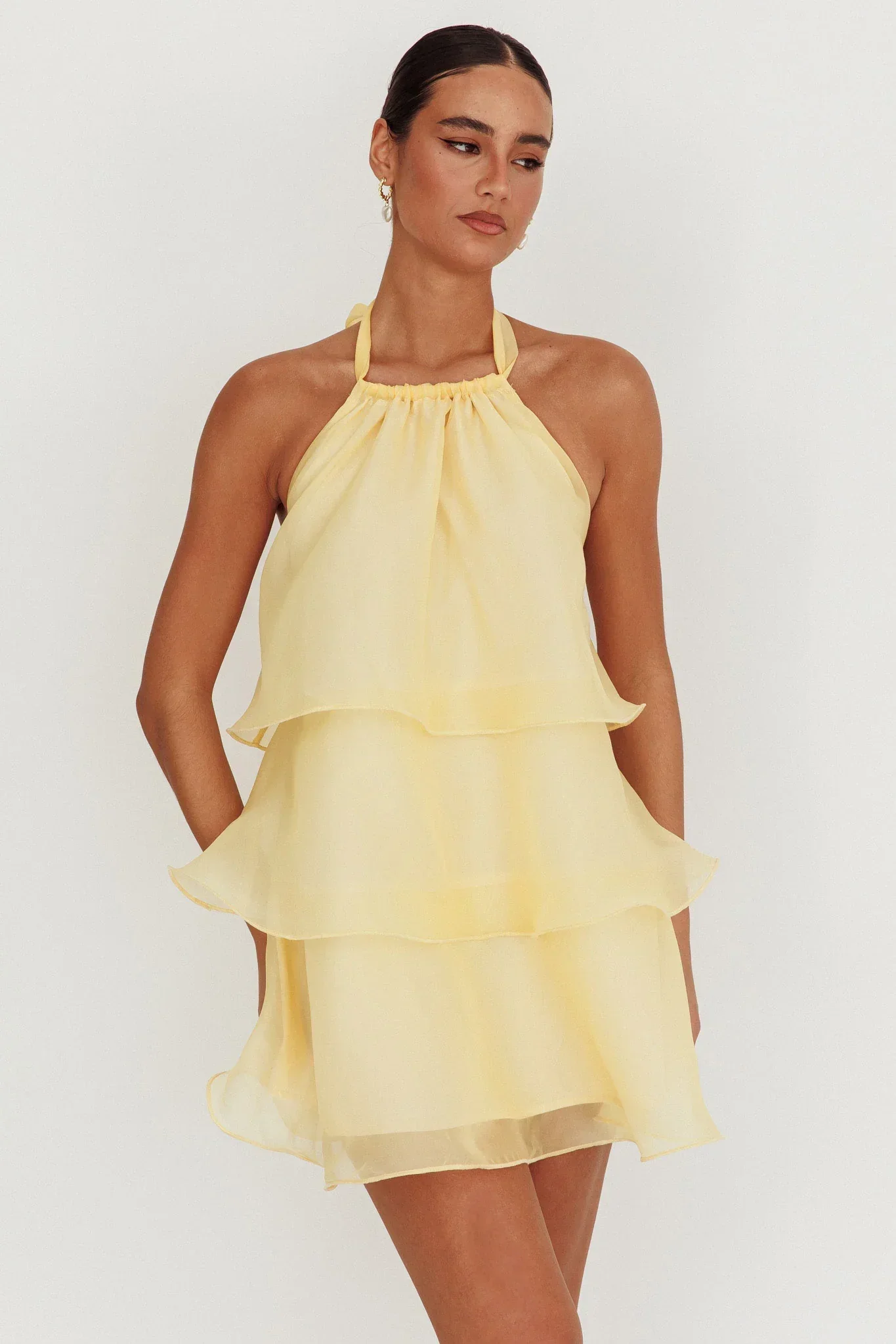 Tulips Tiered Halterneck Mini Dress Lemon