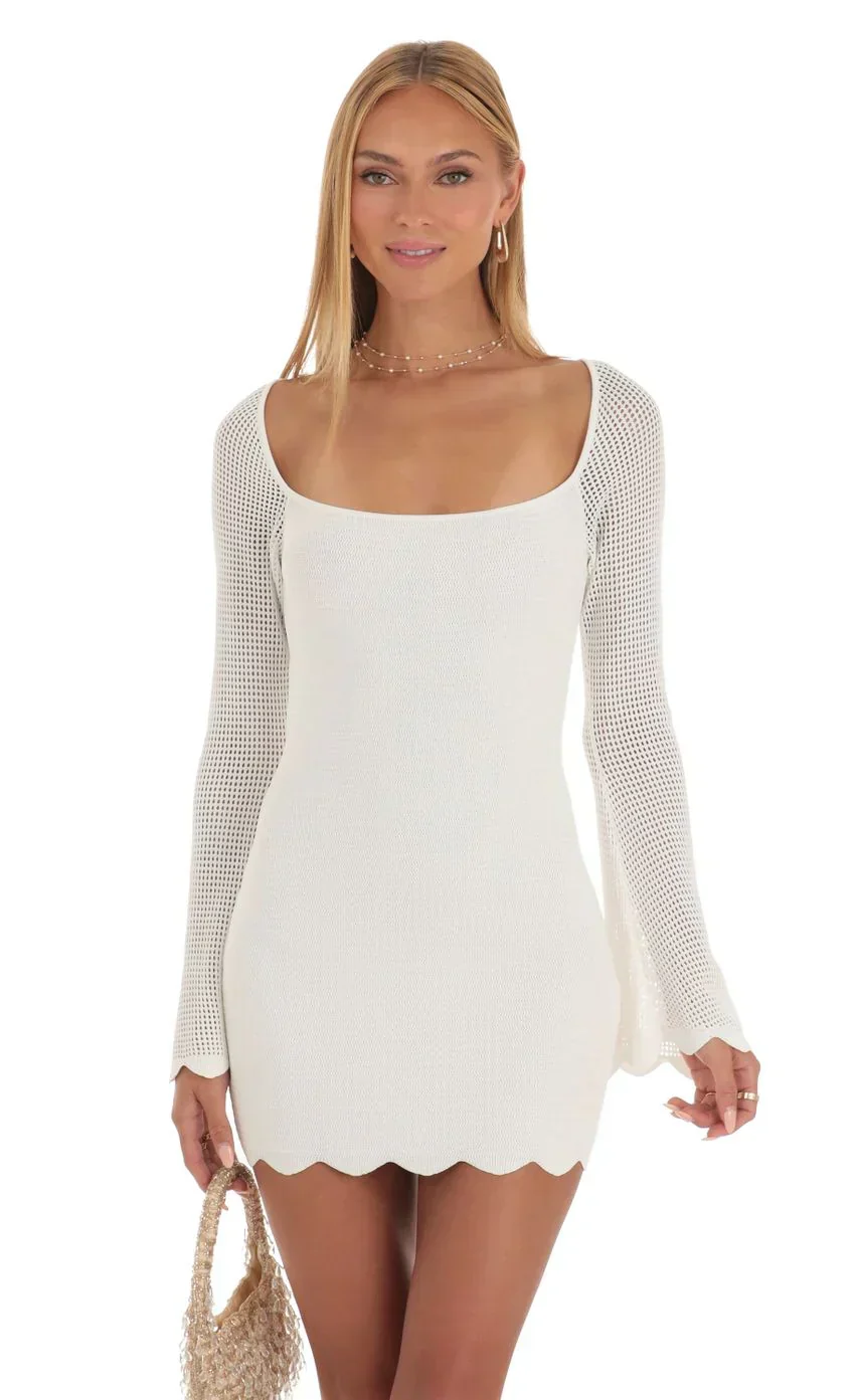 Crochet Bell Sleeve Dress in White