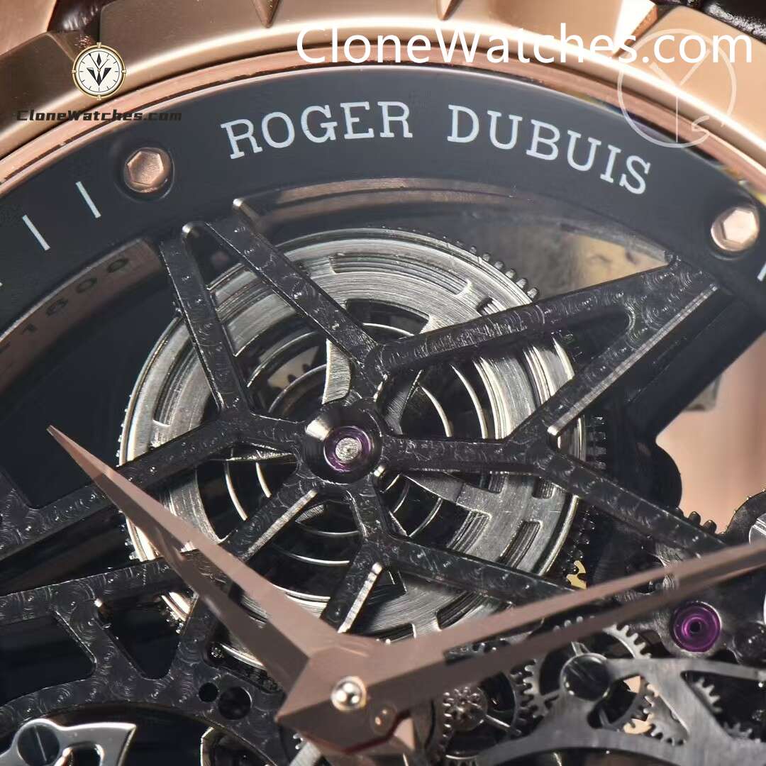 Roger Dubuis Super Clone Watches 1:1 Excalibur Rose Gold Skeleton Double Flying Tourbillon RDDBEX0395 45MM