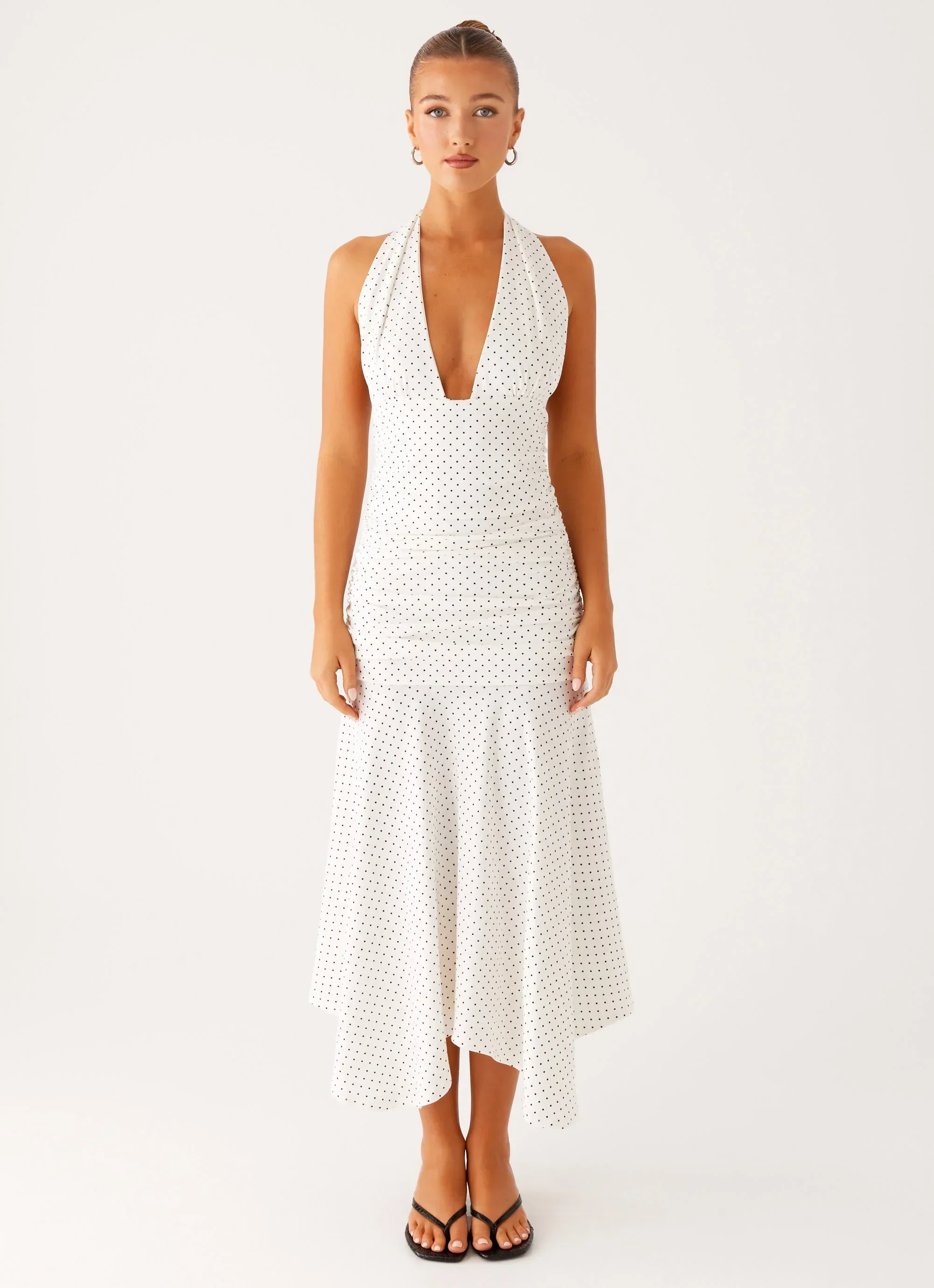 Grettana Halter Neck Midi Dress - White Polka Dot