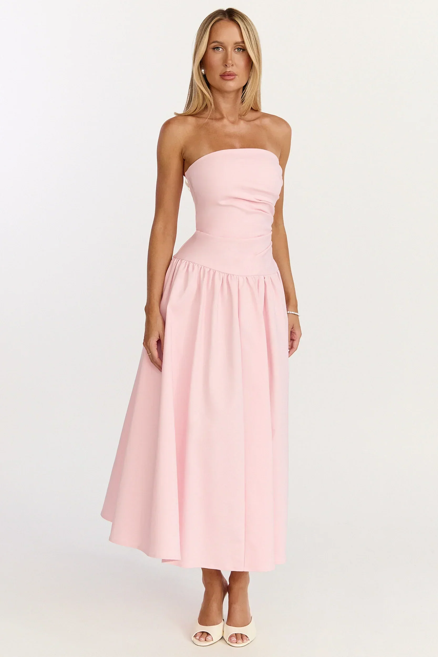 Louisa Maxi Dress - Strapless Side Ruched Dropped Waist Fit And Flare Dress in Pink