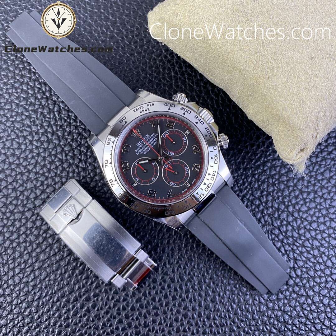 Rolex Super Clone Watches 1:1 Daytona Black/Red Dial Rubber Strap M116519 4130 Movement