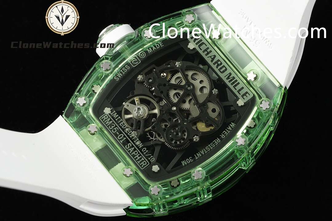 Richard Mille Super Clone Watches 1:1 RM 035 Green Crystal Tourbillon White Strap