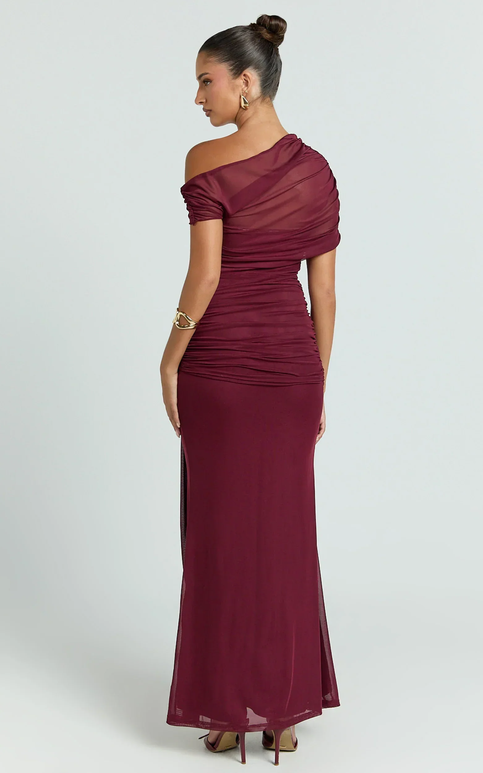 Nicolette Maxi Dress - Cape Sleeve Off Shoulder Dress in Wine