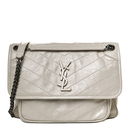SAINT LAURENT Crinkled Calfskin Matelasse Monogram Medium Niki Chain Satchel white