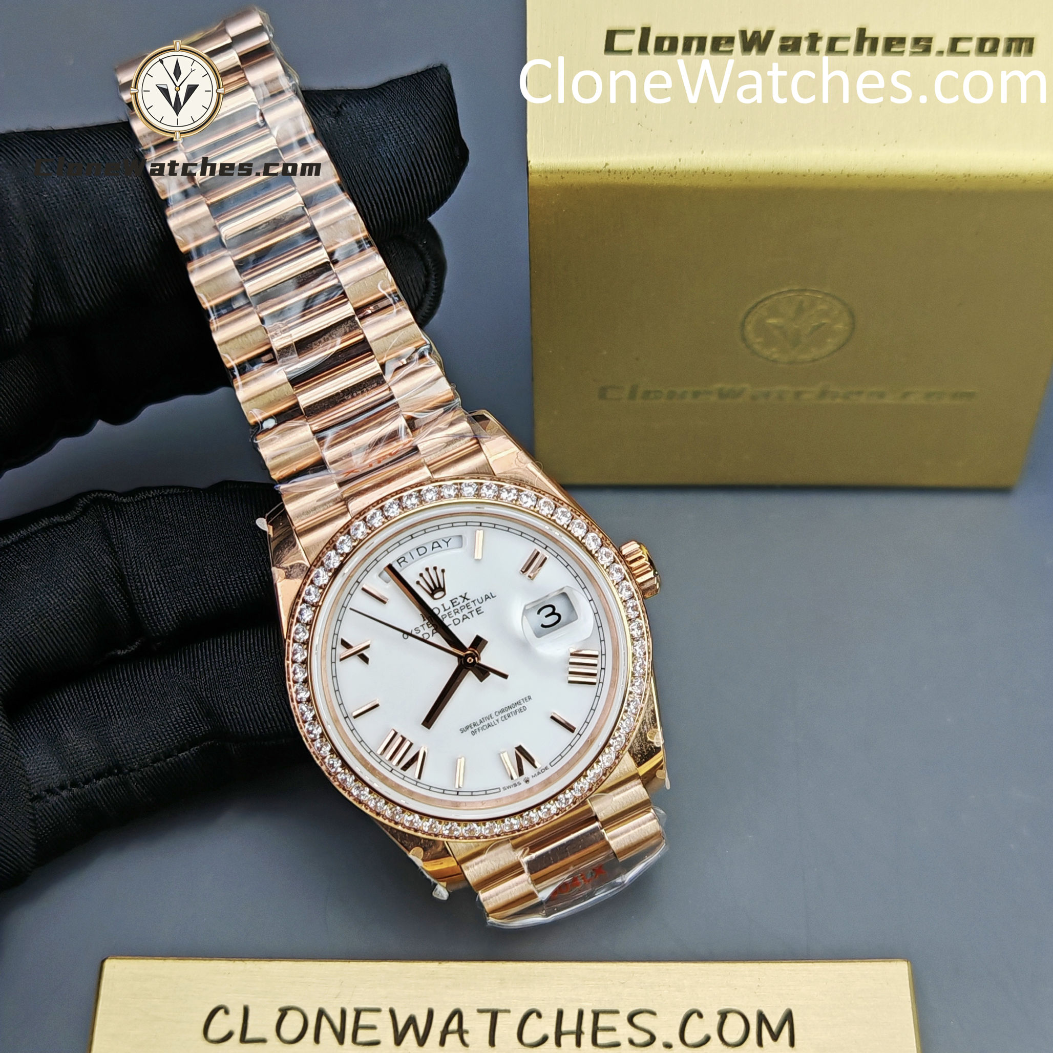 Rolex Super Clone Watches 1:1 Day Date 18K Rose Gold Roman Dial 36mm m128345rbr-0070 3255 Movement